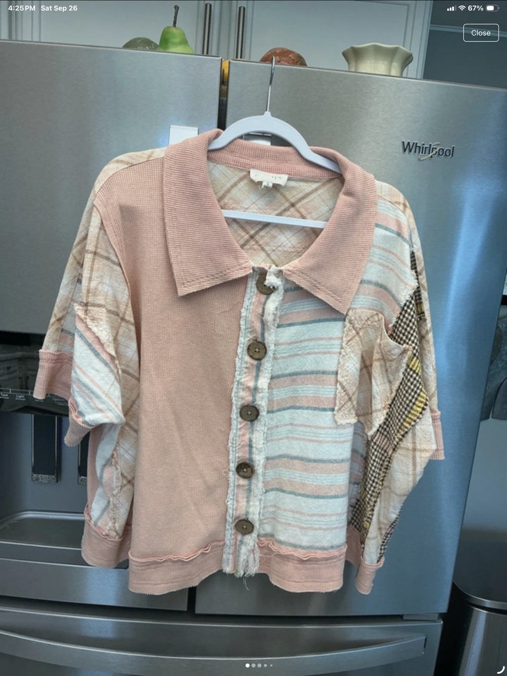 Oli & Hali Patchwork Button-Front Short Sleeve Top in Peach, Cream & Tan